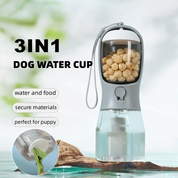 3-in-1 Dog Travel Bottle – Water, Food & Waste Bags On the Go