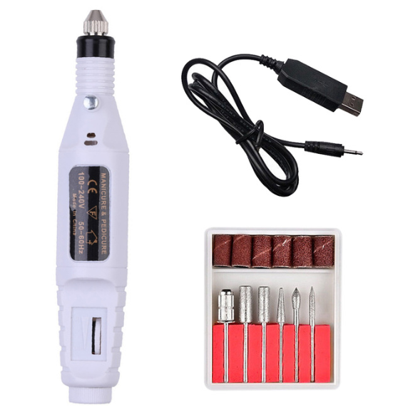Elektrischer Nagelfräser Weiss mit USB-Kabel und Aufsatz-Set