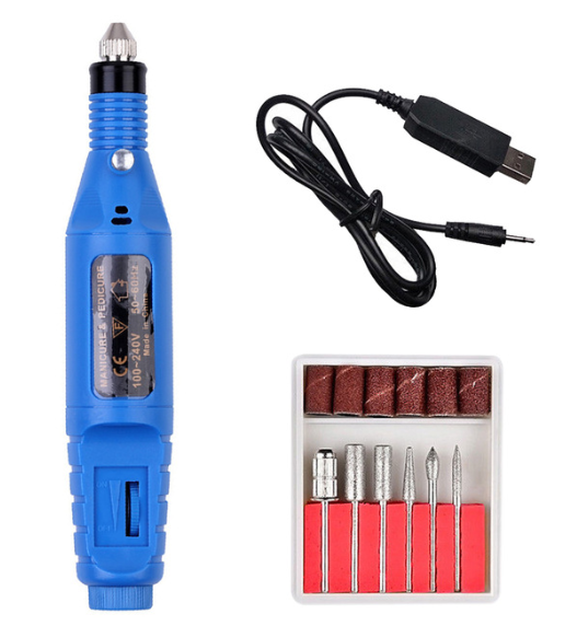 Elektrischer Nagelfräser Blau mit USB-Kabel und Aufsatz-Set