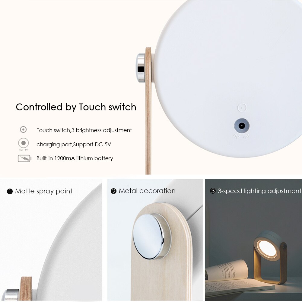 Touch-Schalter mit drei Helligkeitsstufen, Ladebuchse DC 5 V und eingebauter 1200-mAh-Akku – dazu matte Lackierung, Metallgelenk und die drei Helligkeitsstufen im Detail