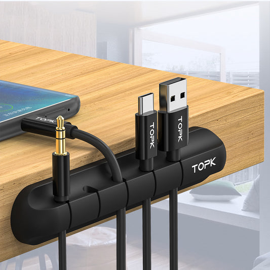 Silikon-Kabelhalter mit fünf Klemmen an der Tischkante, hält Klinken-, USB-C- und USB-A-Kabel