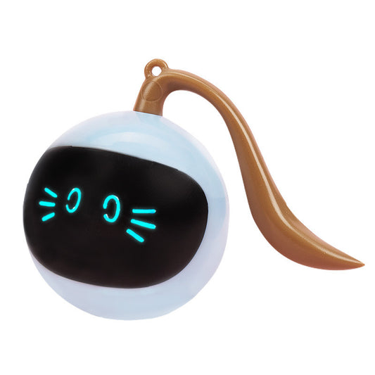 Interaktiver Katzenball in Blau mit LED-Gesicht und geschwungenem Schwanz
