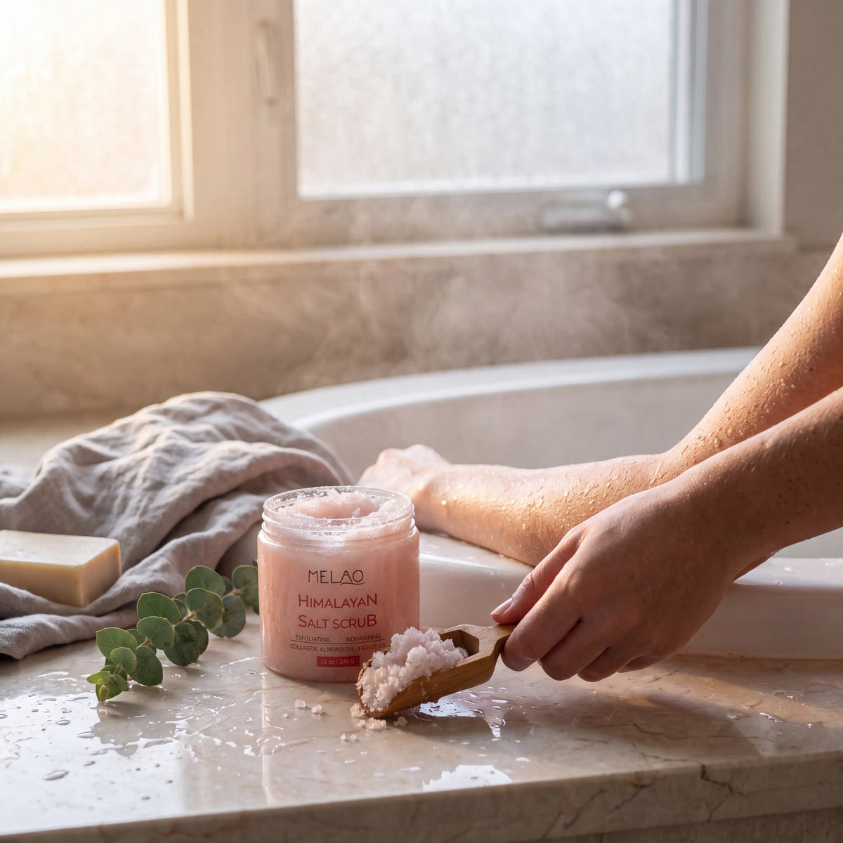Himalaya-Salz Körperpeeling in Anwendung im Badezimmer