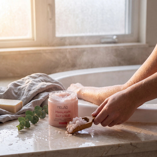 Himalaya-Salz Körperpeeling in Anwendung im Badezimmer