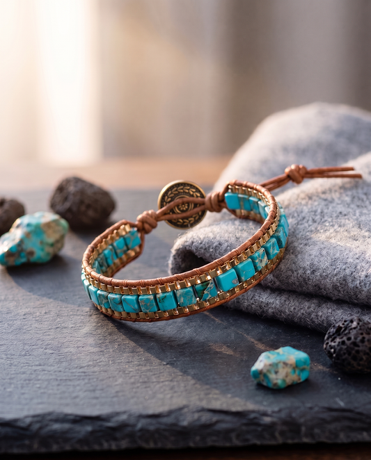 Imperial Stone Lederarmband handgeflochten – braunes Lederband, türkise Steine, verzierter Concho-Knopf