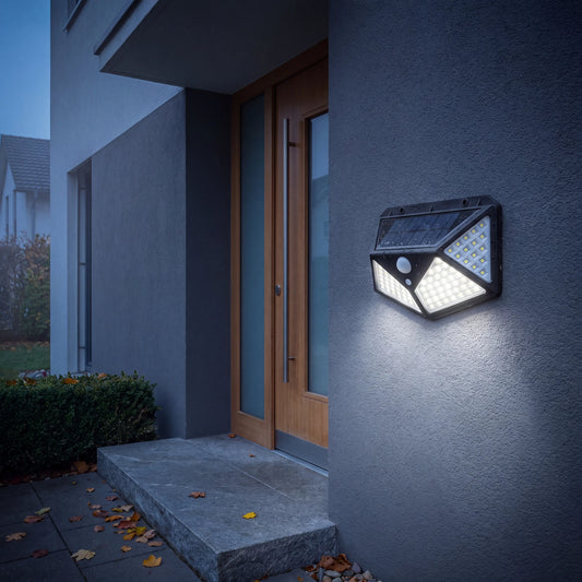 LED Solar Wandleuchte mit Bewegungsmelder am Hauseingang bei Daemmerung