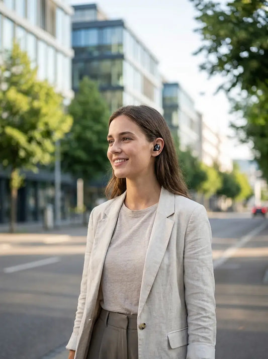 Bluetooth In-Ear Kopfhörer kabellos beim Pendeln in der Stadt