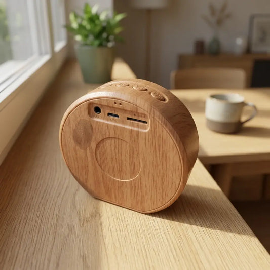 Mini Bluetooth-Lautsprecher im Holz-Design auf einer Fensterbank