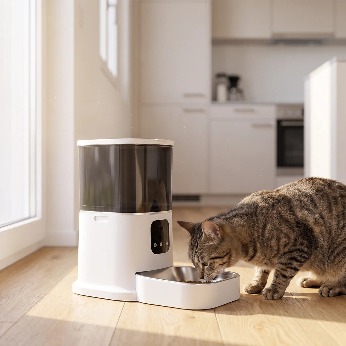 Automatischer Futterautomat mit Katze in heller Schweizer Küche