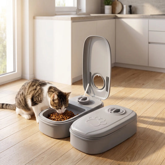 Gravity-Futterspender mit Katze in heller Küche