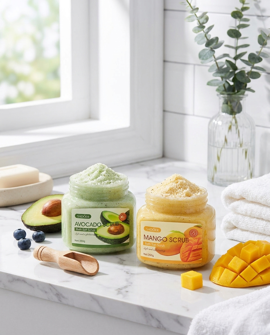 Frucht-Bade-Peeling – Peeling-Creme mit Salzkörnern, 350 g (Avocado, Blaubeere, Mango)